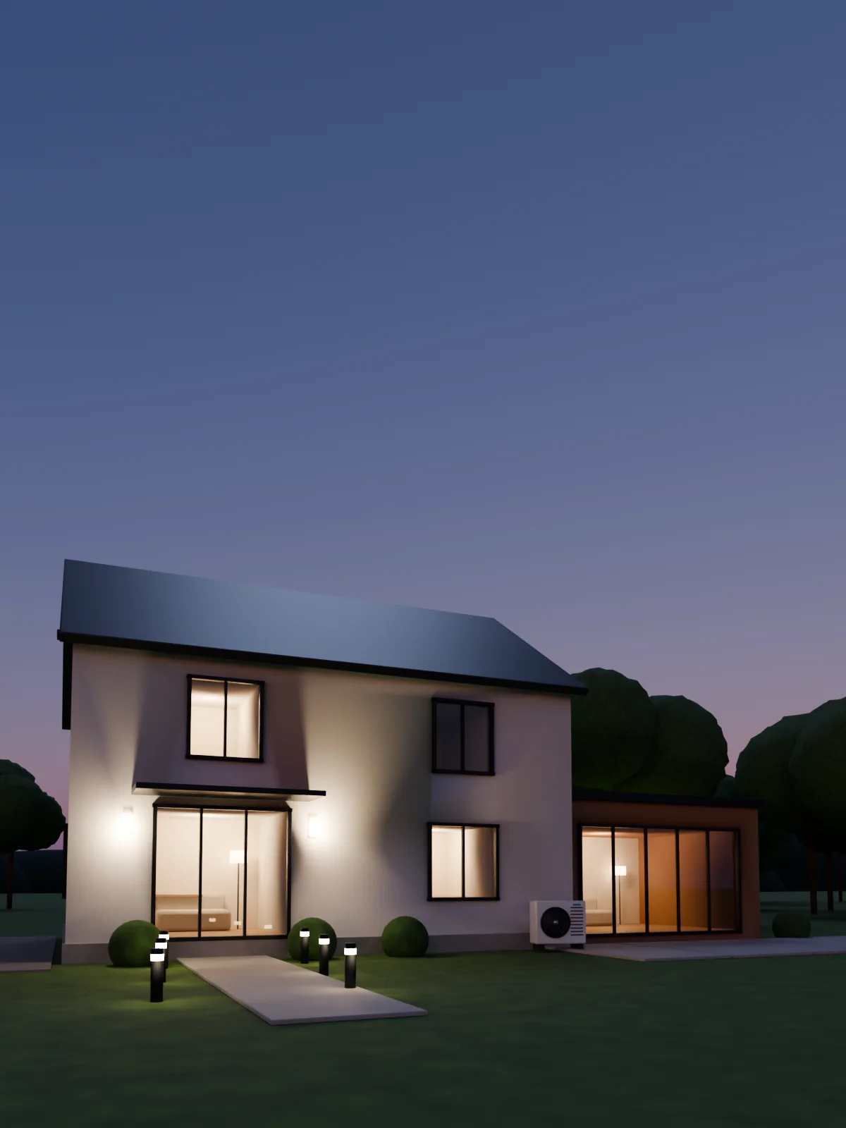 Maison individuelle contemporaine équipée d'une pompe à chaleur air/eau, à la tombée de la nuit